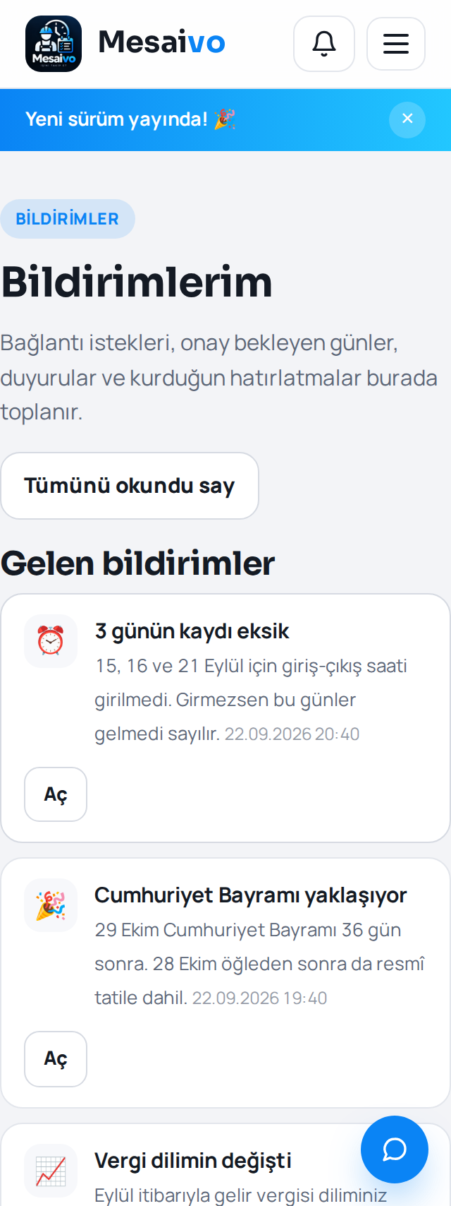 Bildirimler — telefon görünümü