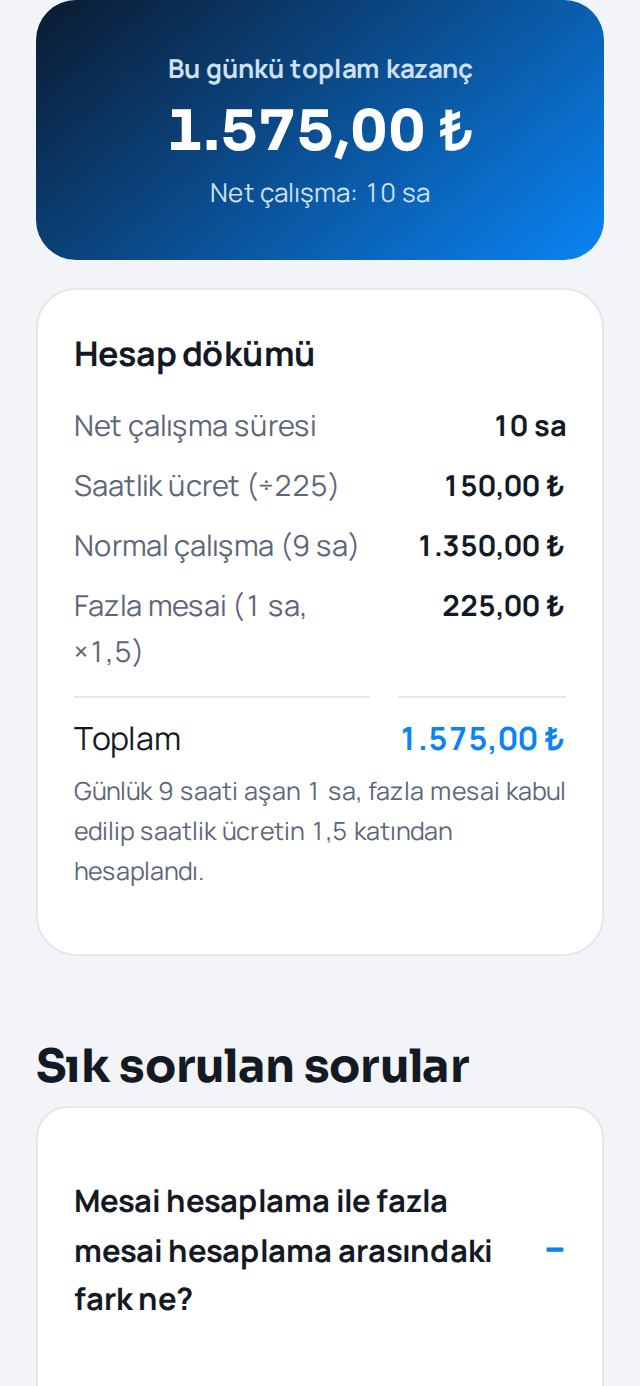 Mesai hesaplama ekranı