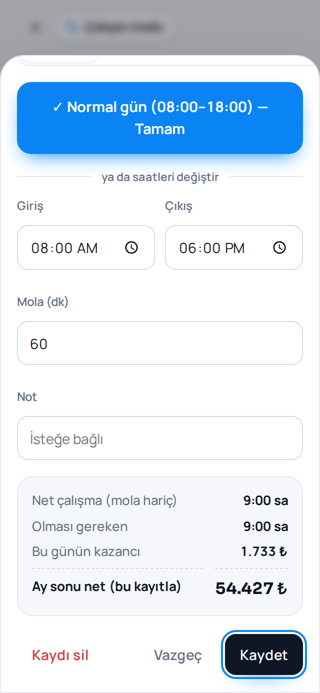 Mesai takibi ekranı