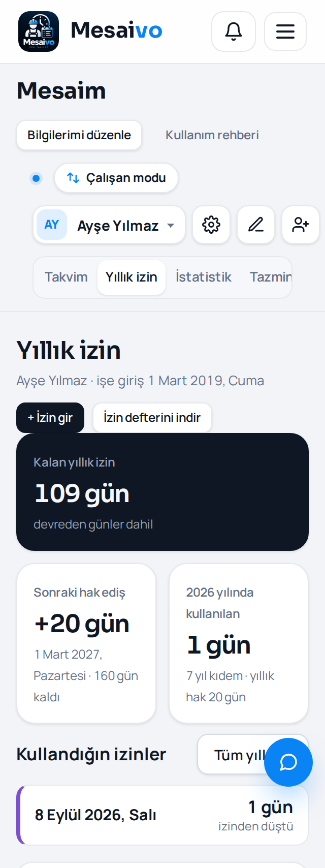 Yıllık izin — telefon görünümü