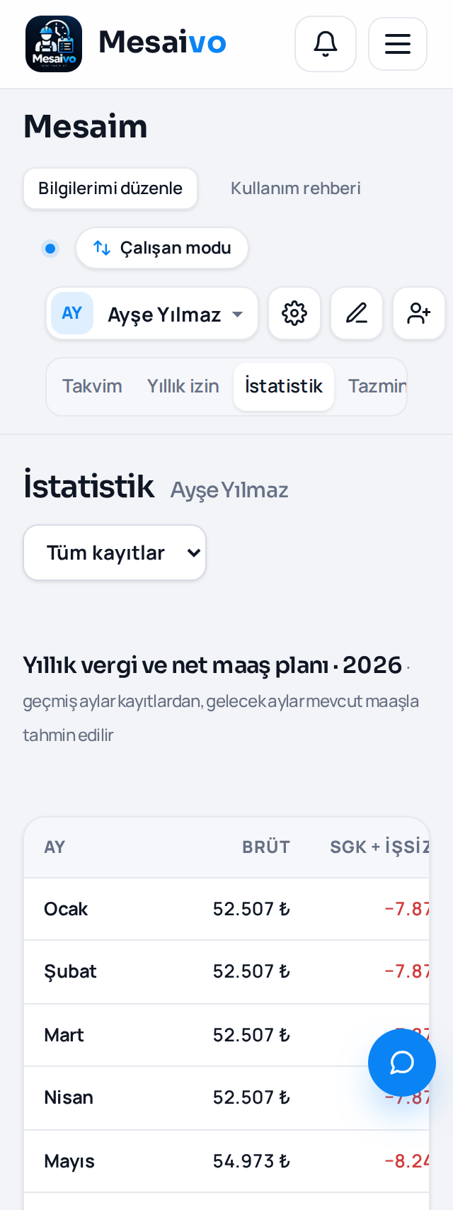 Maaş ve vergi — telefon görünümü