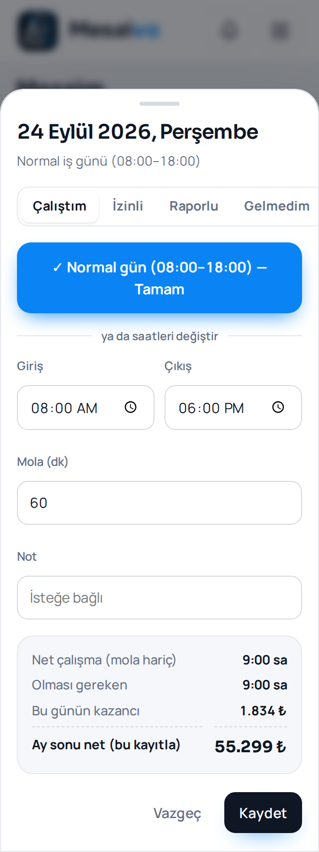 Mesai ekleme — telefon görünümü