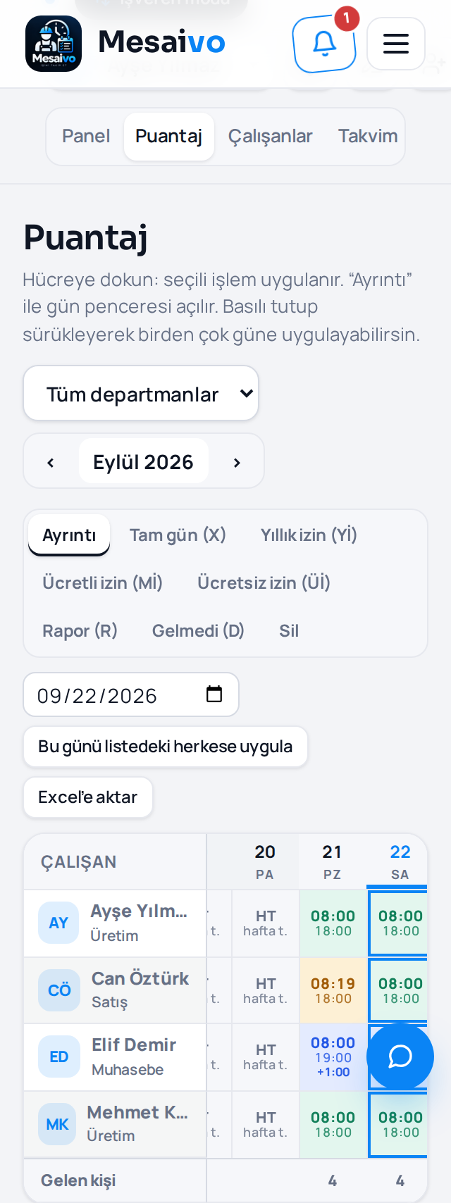 Puantaj — telefon görünümü