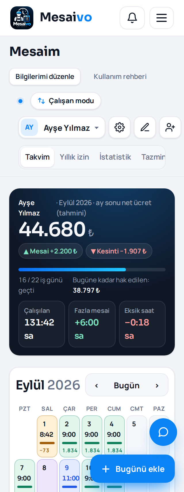 Takvim — telefon görünümü